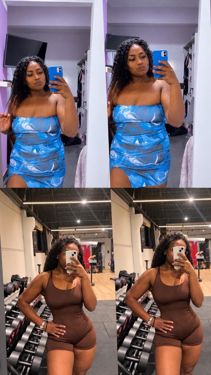 Montagem com quatro registros fotográficos de uma mulher, com vestido azul e roupa de treino marrom