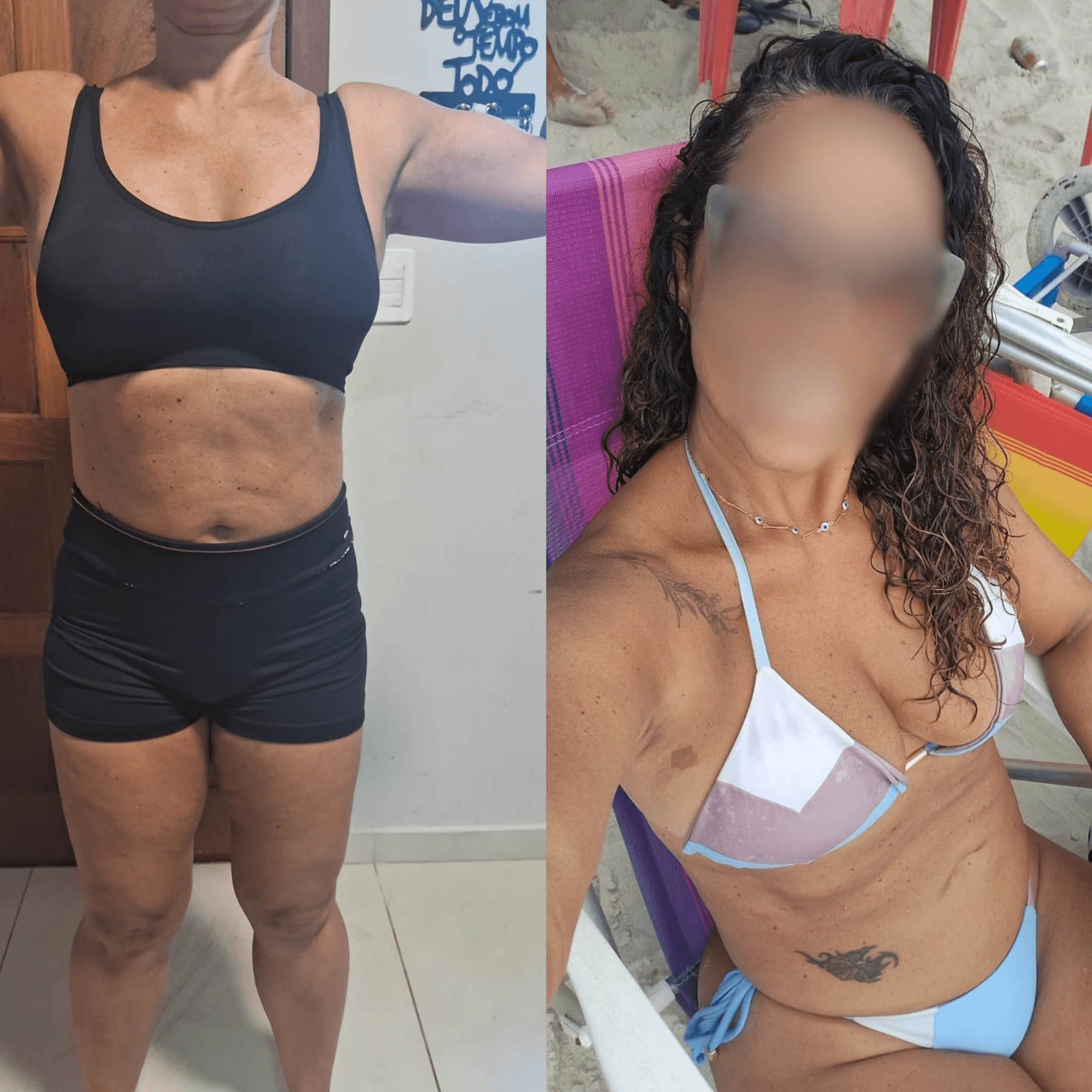 Montagem de dois registros fotográficos de uma mulher, com roupa de treino à esquerda e biquíni à direita, preservando o rosto desfocado