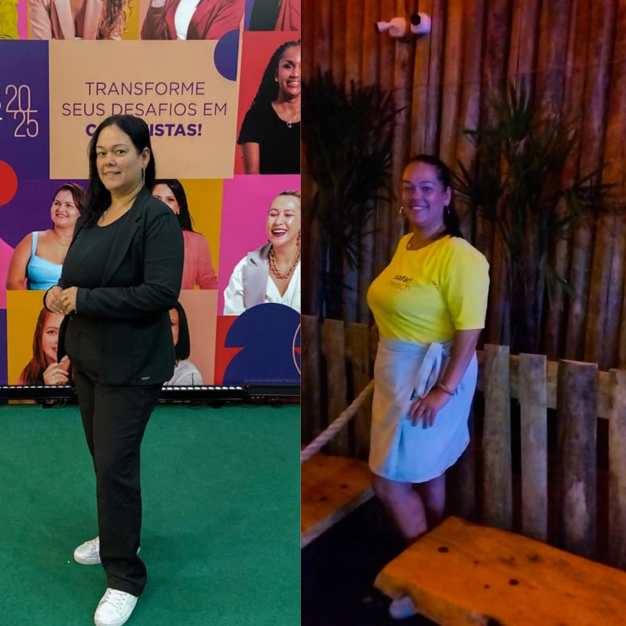 Montagem de dois registros fotográficos de uma mulher, com roupa preta à esquerda e camiseta amarela com saia clara à direita